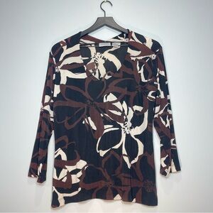 CHICO'S Travelers Top Black Brown Cream Floral Print Stretch Chico Sz 1 (US 8)